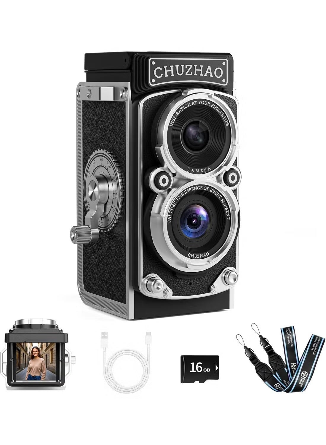 CHUZHAO Mini Retro Digital Camera - Vintage TLR Style Compact SLR Digital Camera with Autofocus, 16GB SD Card for Beginners, Teens, Kids and Adults